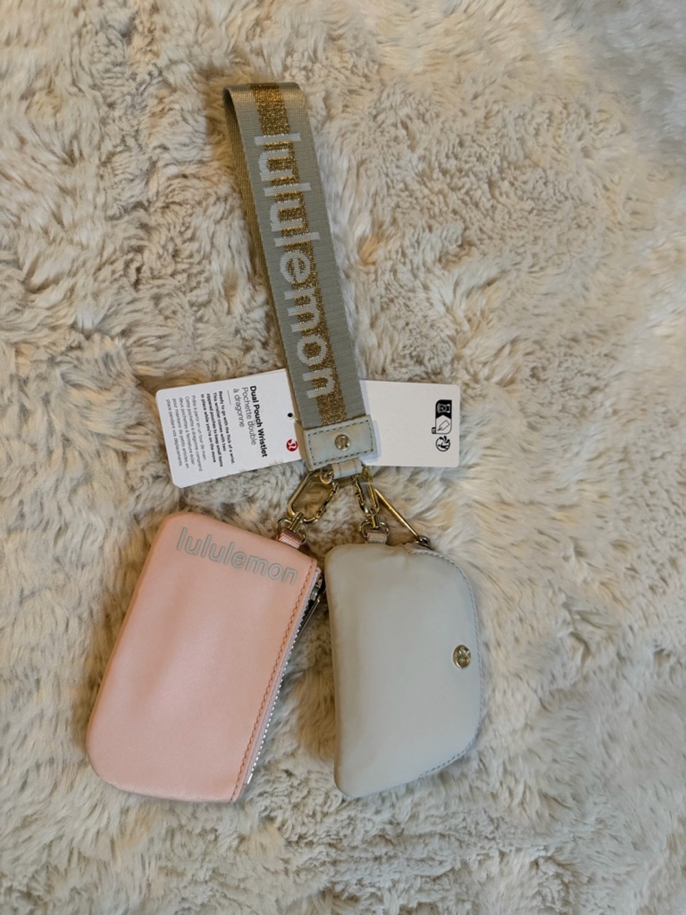 NEW! lululemon dual pouch pink and light gray wristlet with gold-accent strap